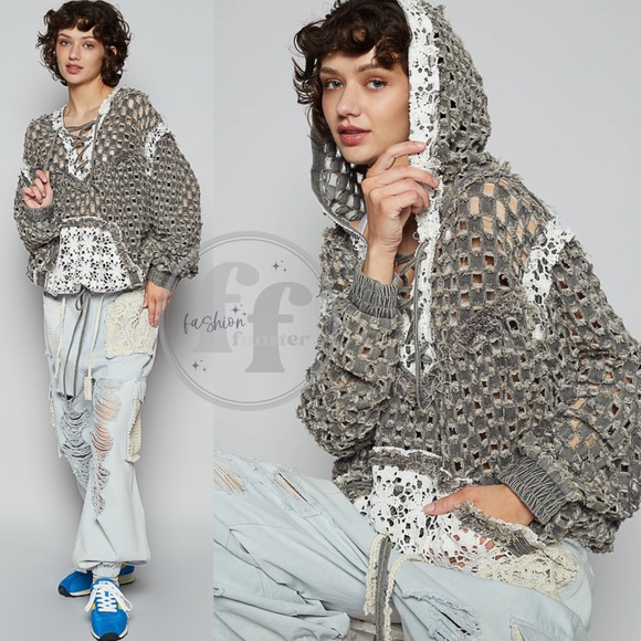 POL Black Laser Cut Openwork Crochet Lace Up Hoodie Top - Picture 3 of 6